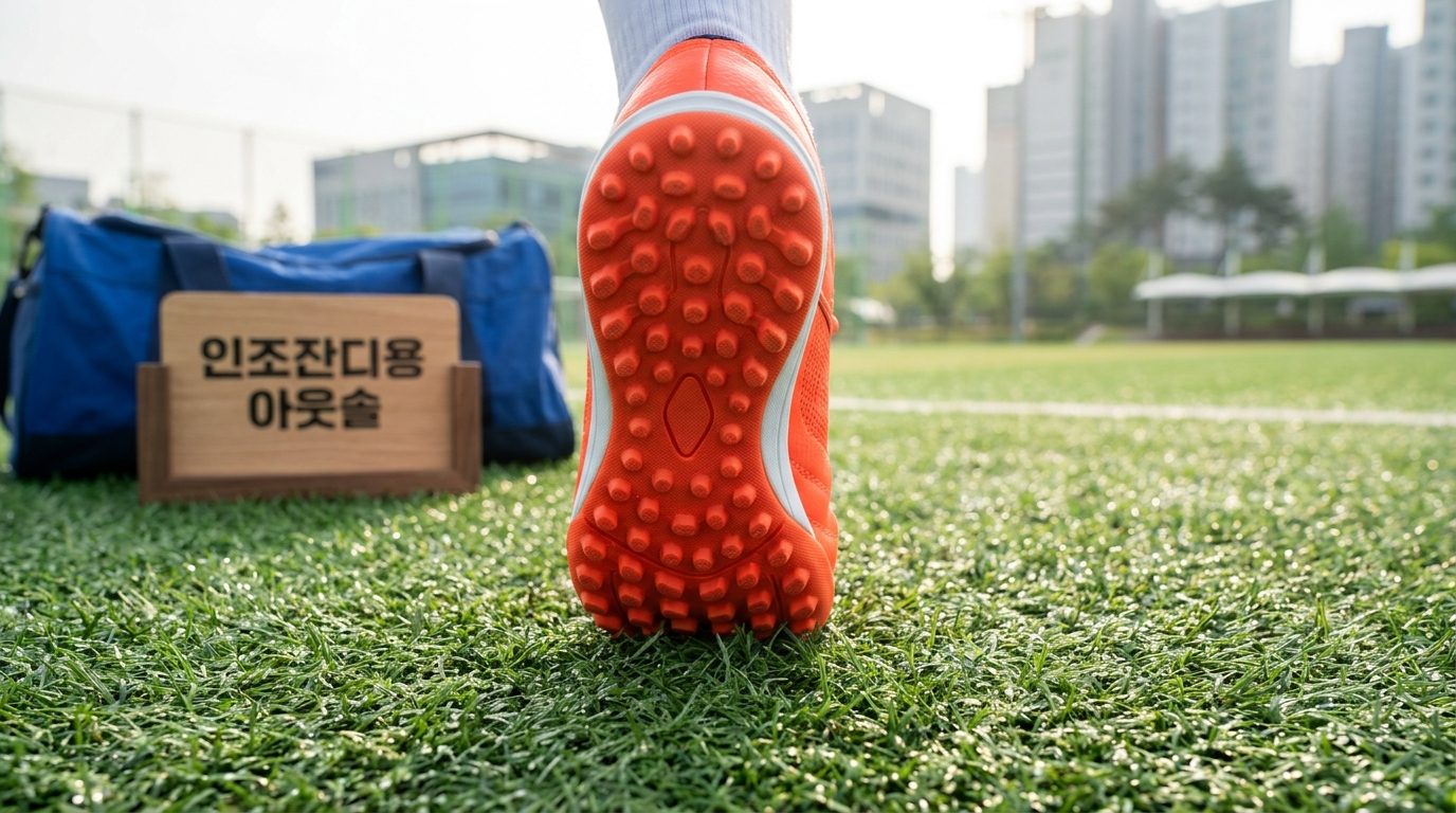 터프화 아웃솔: 인조잔디용 풋살화 아웃솔과 촘촘한 돌기를 클로즈업한 이미지