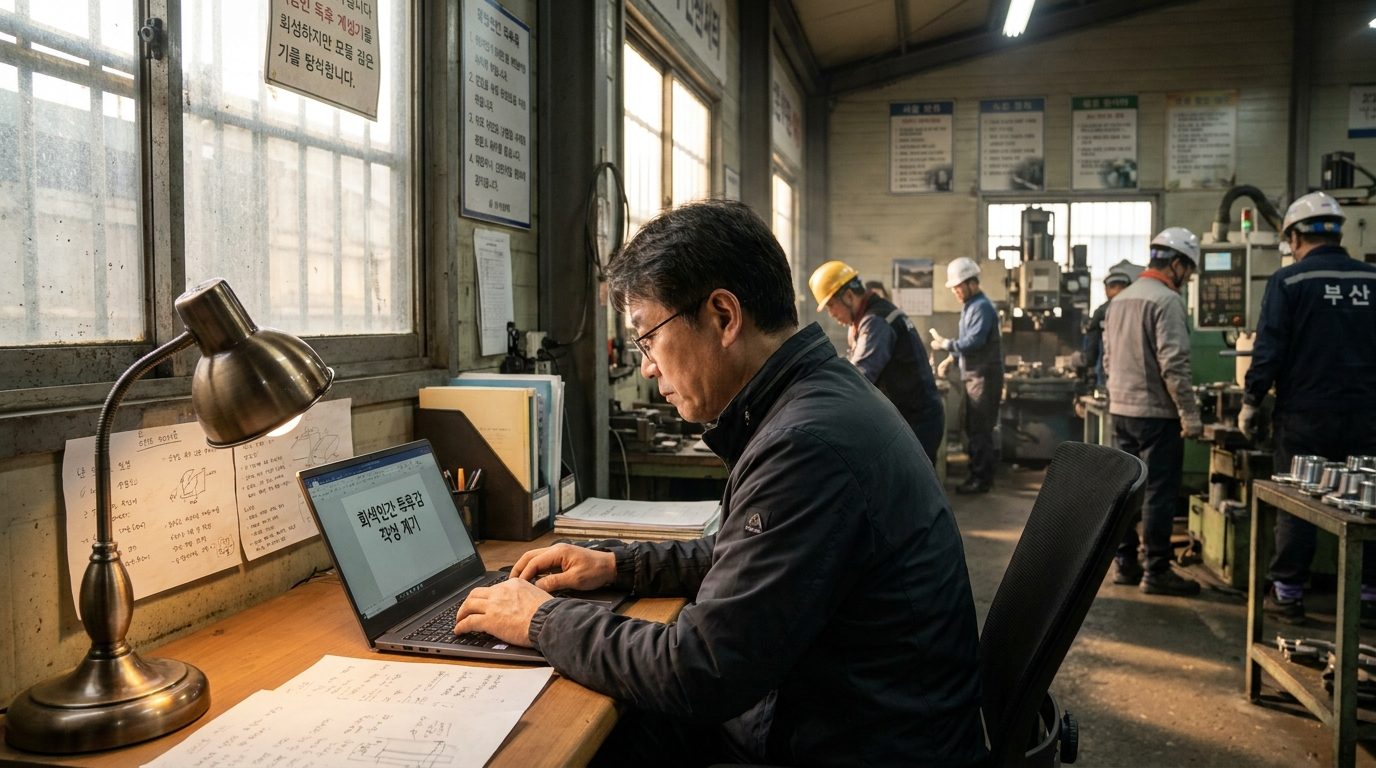 회색인간 독후감: 차분한 작업 환경에서 노트북으로 독후감 작성에 몰두하는 한국 작가의 모습