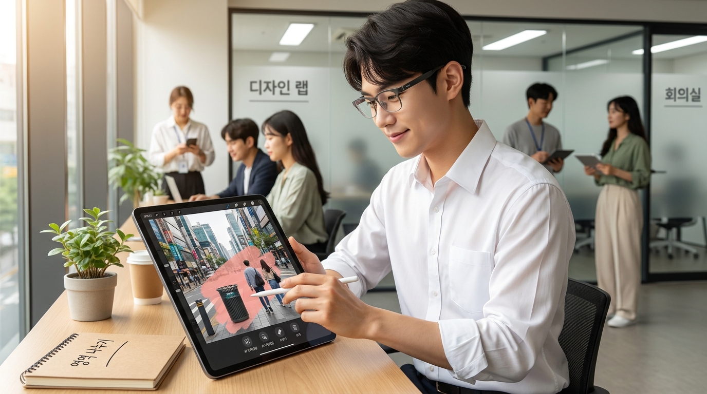 젊은 한국 남성이 태블릿을 이용해 사진 속에서 지우려는 사물을 선택적으로 마스킹하는 모습