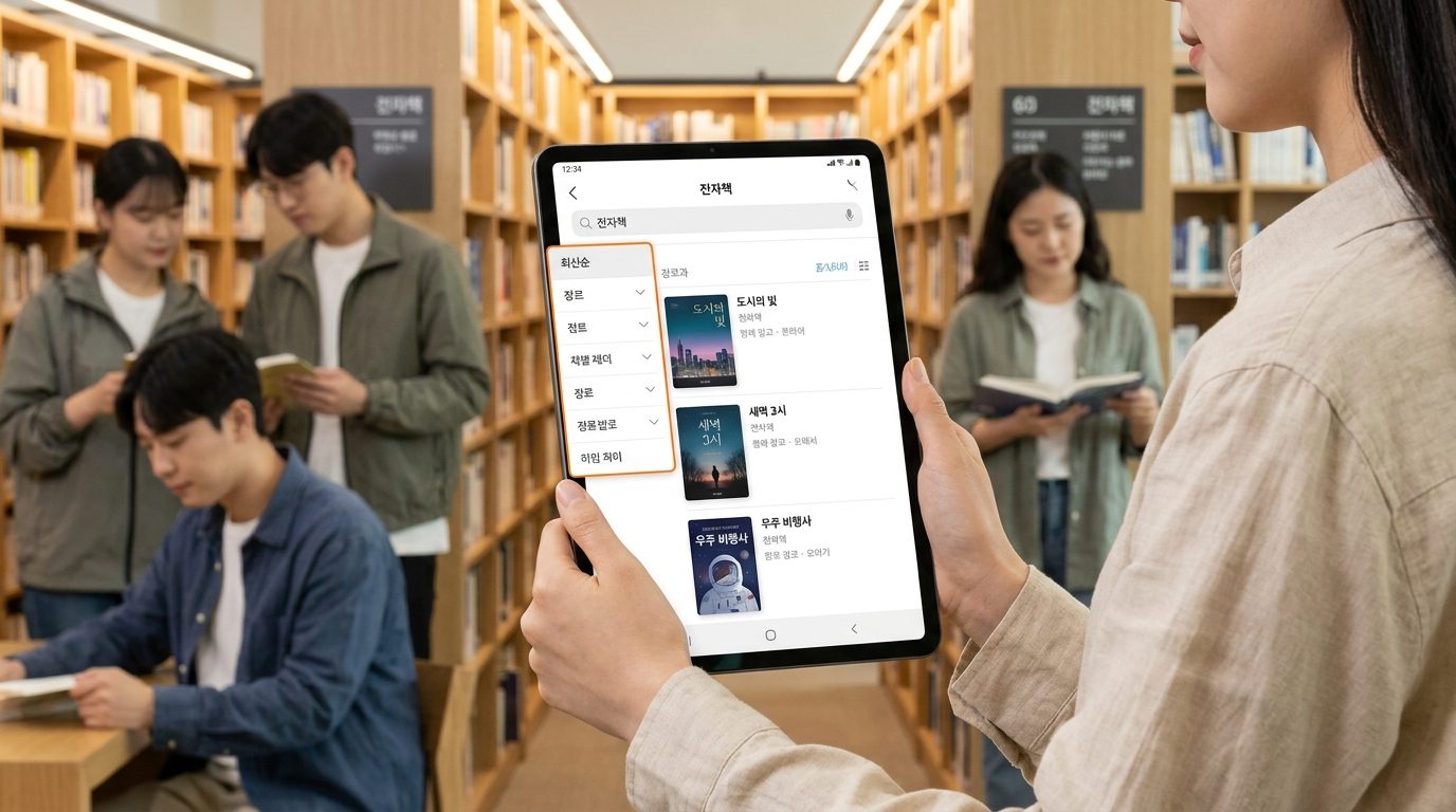 한국 여성이 들고 있는 태블릿 화면에 전자책 검색 결과와 필터 메뉴가 표시된 모습