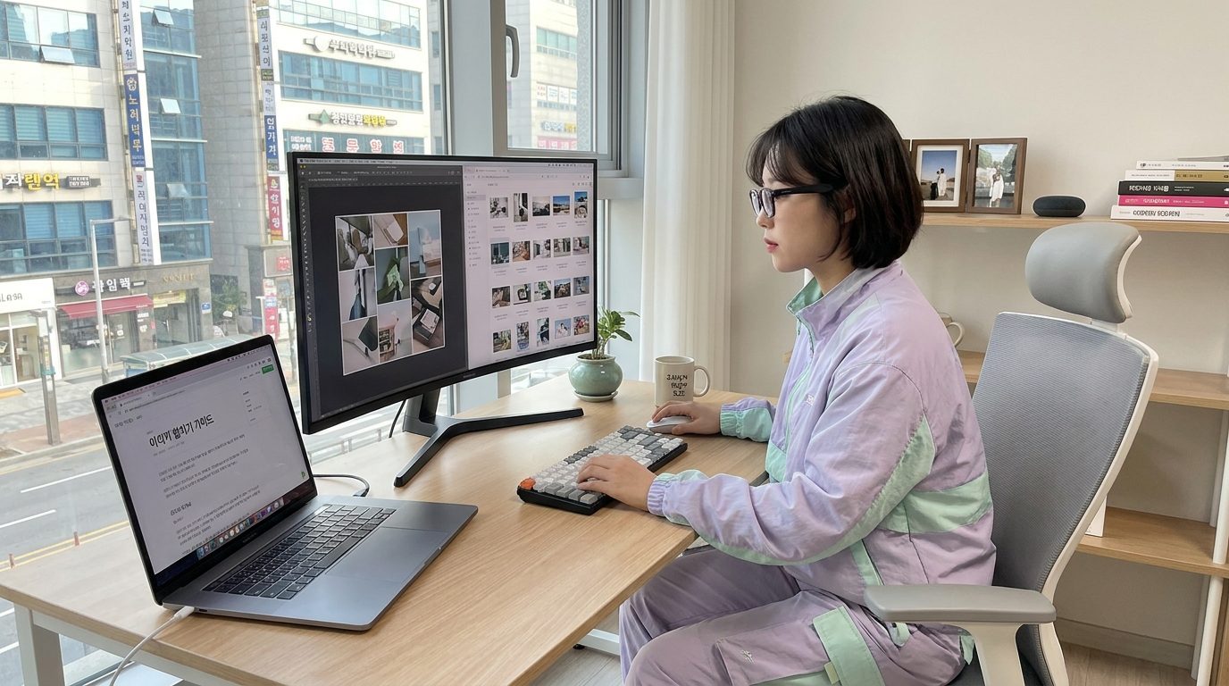 이미지 합치기: 한국의 2026년 최신 스타일을 반영한 깔끔한 블로거 작업 공간을 묘사한 사진, 노트북 화면에 한글 텍스트가 보이고, 현대적인 한복이 아닌 한국적인 최신 기술복을 입은 젊은 여성이 작업 중인 모습