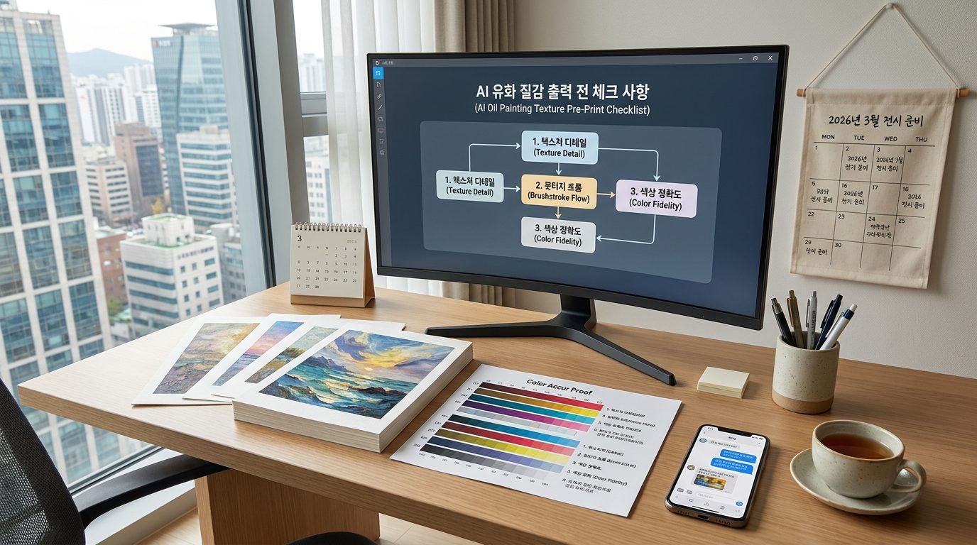 AI로 생성한 유화 질감을 인쇄 전에 점검하는 현대 한국 사무실 책상 환경 모습