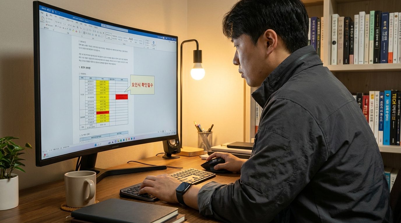 사람이 아늑한 방에서 한글 OCR 결과를 꼼꼼히 교정하는 모습, 화면에 한글 문구가 보임