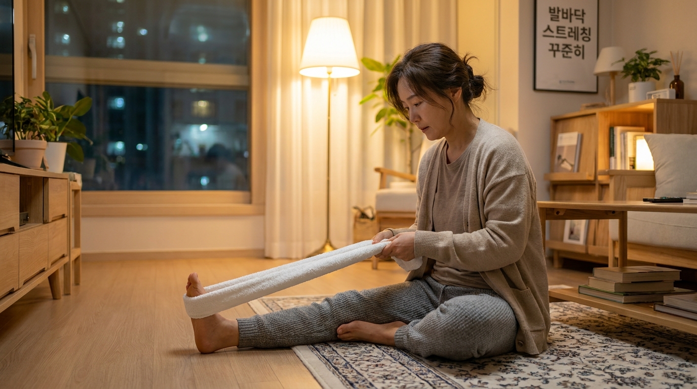 거실에서 수건을 이용해 족저근막 스트레칭을 하는 한국 여성