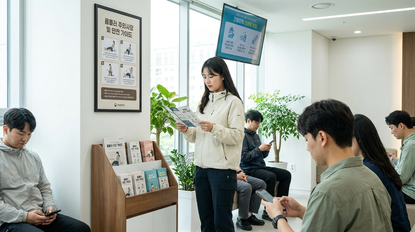 현대적인 한국 병원 대기실에서 폼롤러 안전 가이드 포스터를 보는 한국 여성의 모습