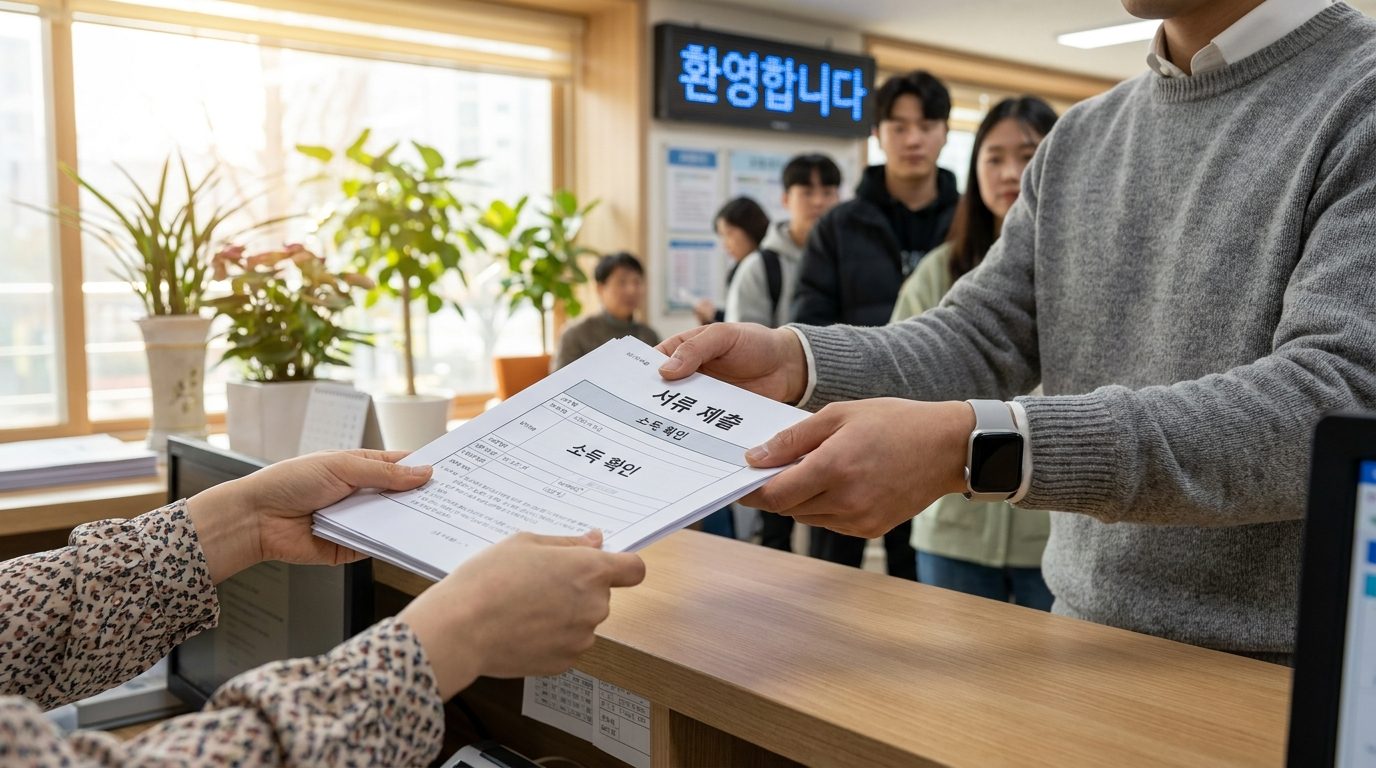 2026년 대한민국 지역 주민센터에서 서류를 제출하는 손 클로즈업