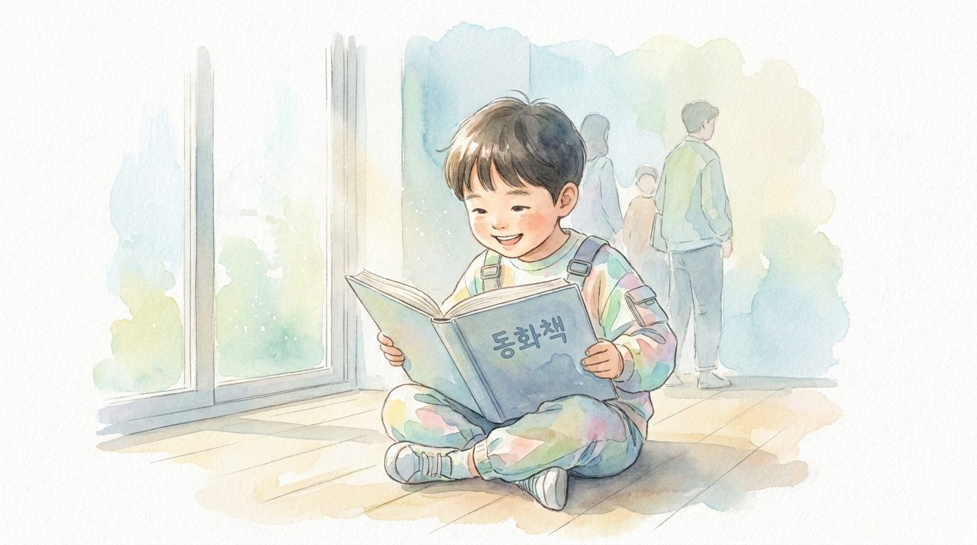 수채화 동화책 삽화를 연상시키는 어린이가 따뜻한 자연광 아래서 동화를 읽는 장면