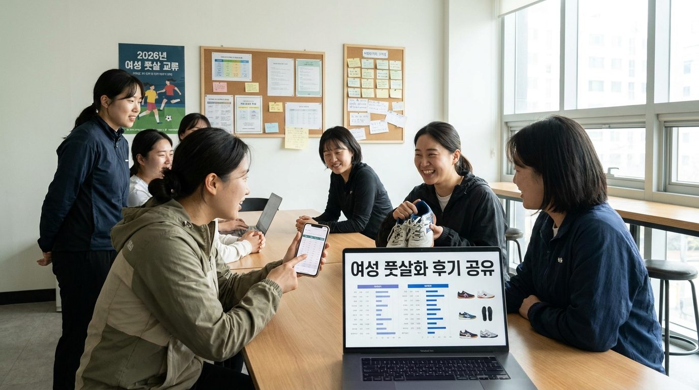 여성 풋살 동호회 모임에서 여성들이 제품 리뷰와 사이즈 정보를 공유하는 모습