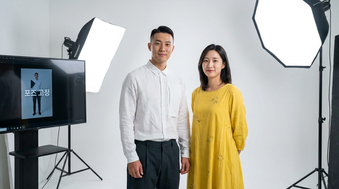 밝은 실내 사진 스튜디오에서 포즈 고정 참고 이미지와 함께 나란히 서 있는 커플의 모습