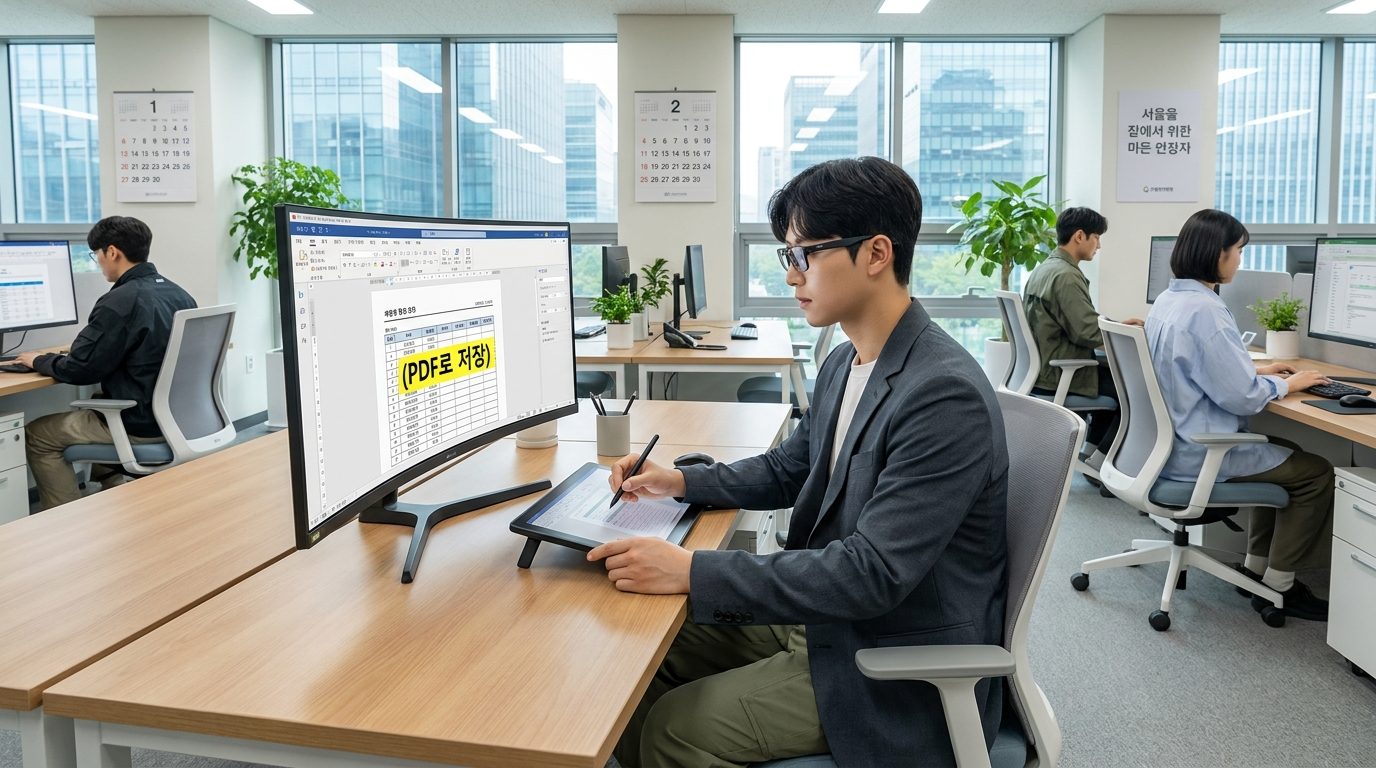 PDF 인쇄 미리보기 화면에서 표를 조정하는 젊은 한국인 남성의 모습