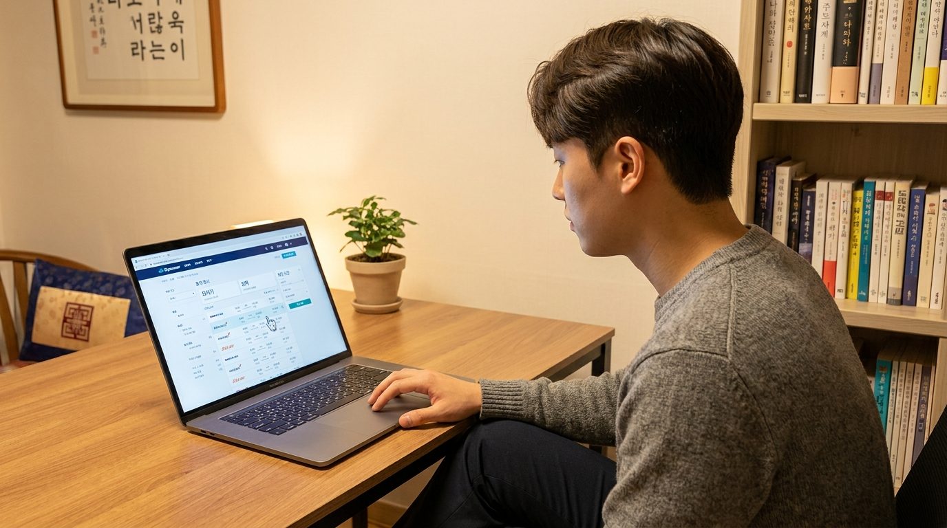 스카이스캐너 항공권 검색 결과 화면을 노트북으로 확인하는 현대적인 한국 남성