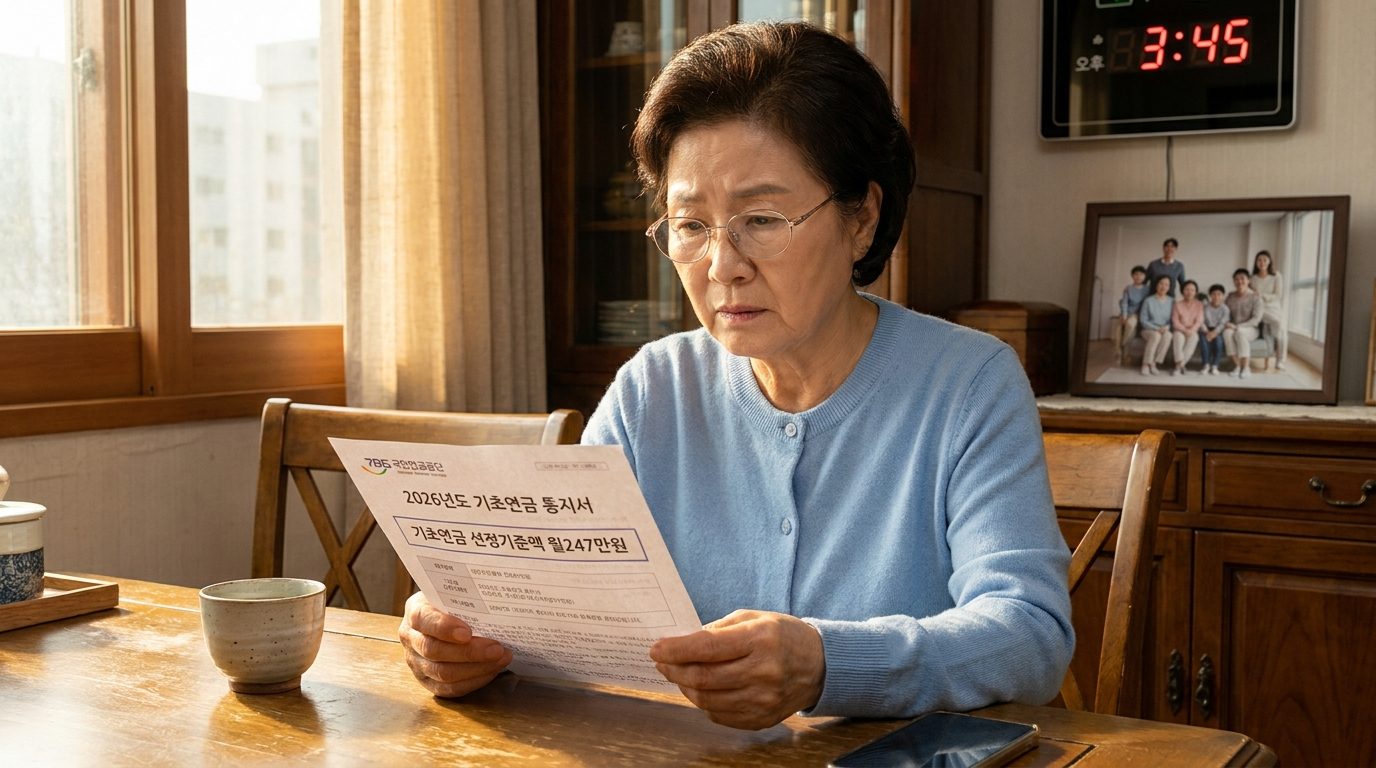따뜻한 빛이 드는 식탁에서 연금 고지서를 확인하는 노년 여성의 모습