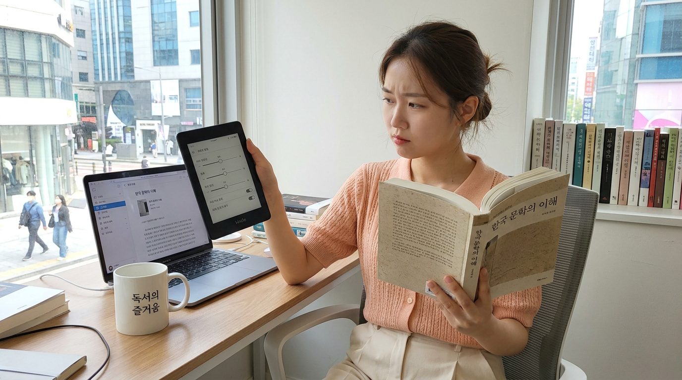 전자책과 종이책을 비교하며 고민하는 현대 한국 여성의 모습, 따뜻한 조명과 자연광이 어우러진 실내에서 편안한 분위기