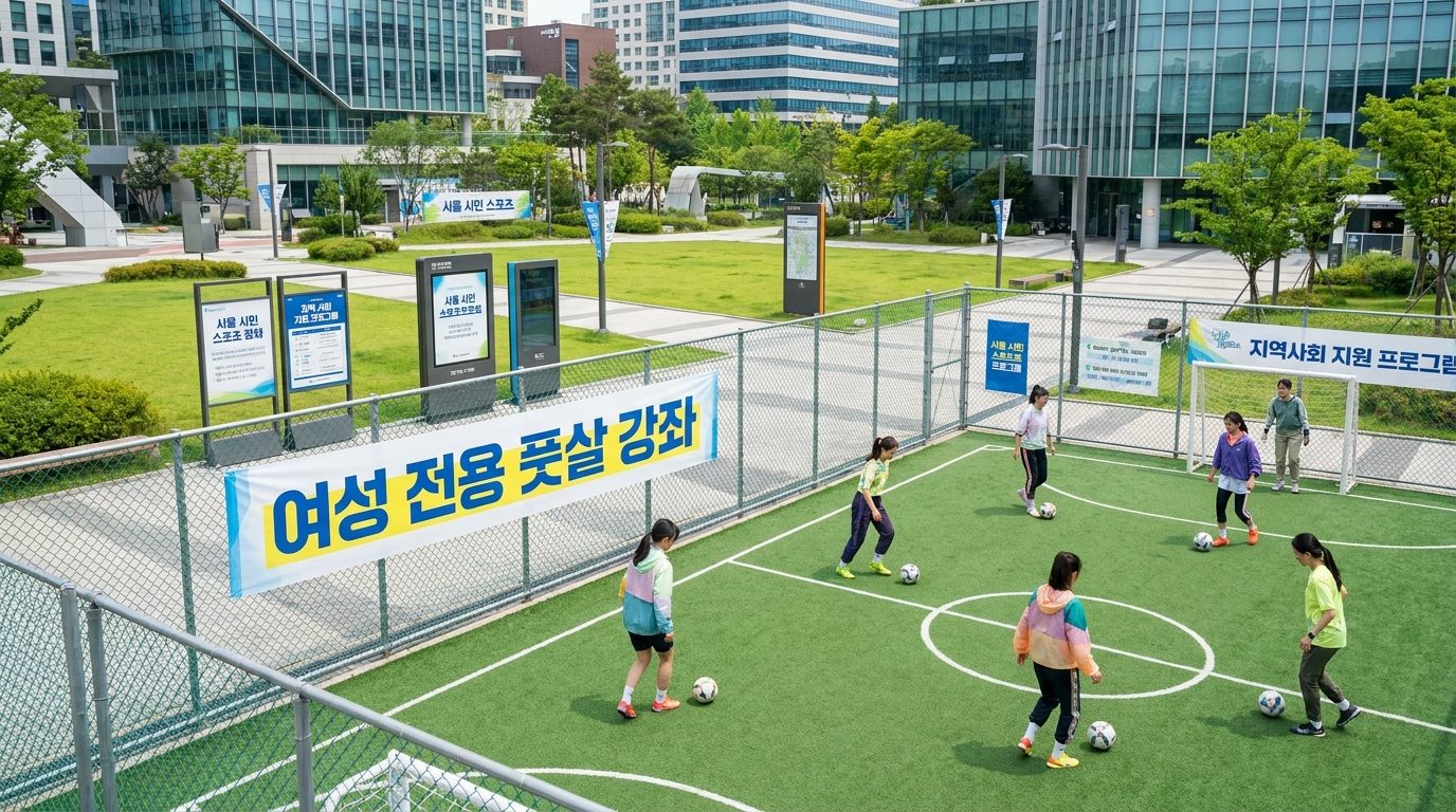 밝은 자연광 아래 여성 전용 풋살 강좌 배너가 보이는 모던한 도시 공원 풋살장
