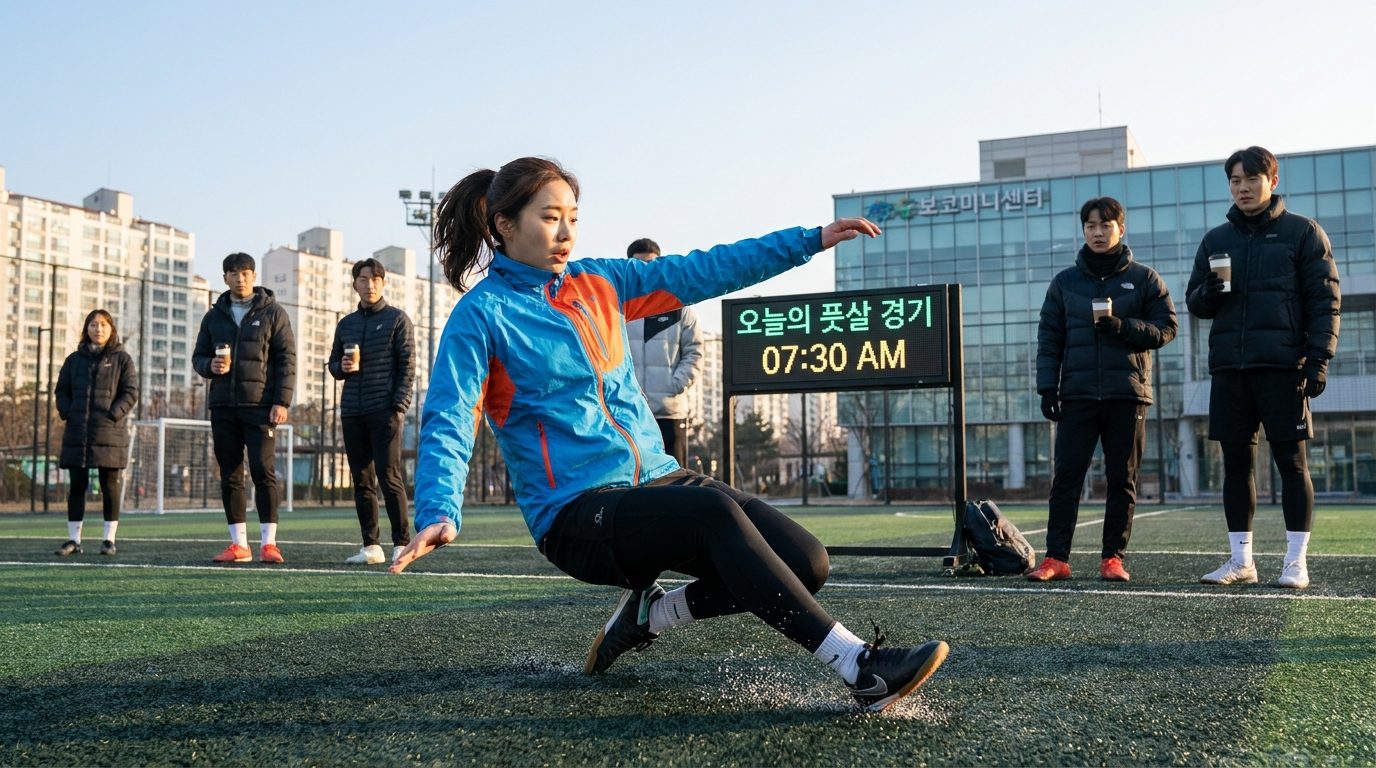 이른 아침 이슬이 맺힌 인조잔디 구장에서 미끄러지는 여성 풋살 선수의 모습