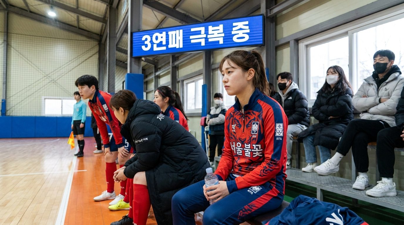 풋살 대회 전략: 아마추어 여자 풋살팀 벤치에서 물병을 만지작거리며 경기를 지켜보는 선수 모습
