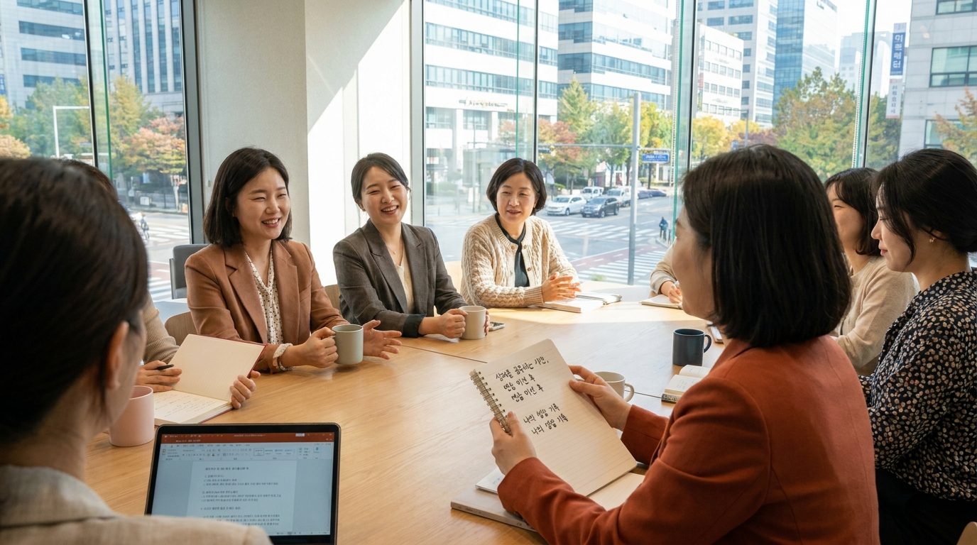 자기계발서 독서모임에서 실천 미션 실패담과 경험을 따뜻하게 나누는 한국 여성들 모습