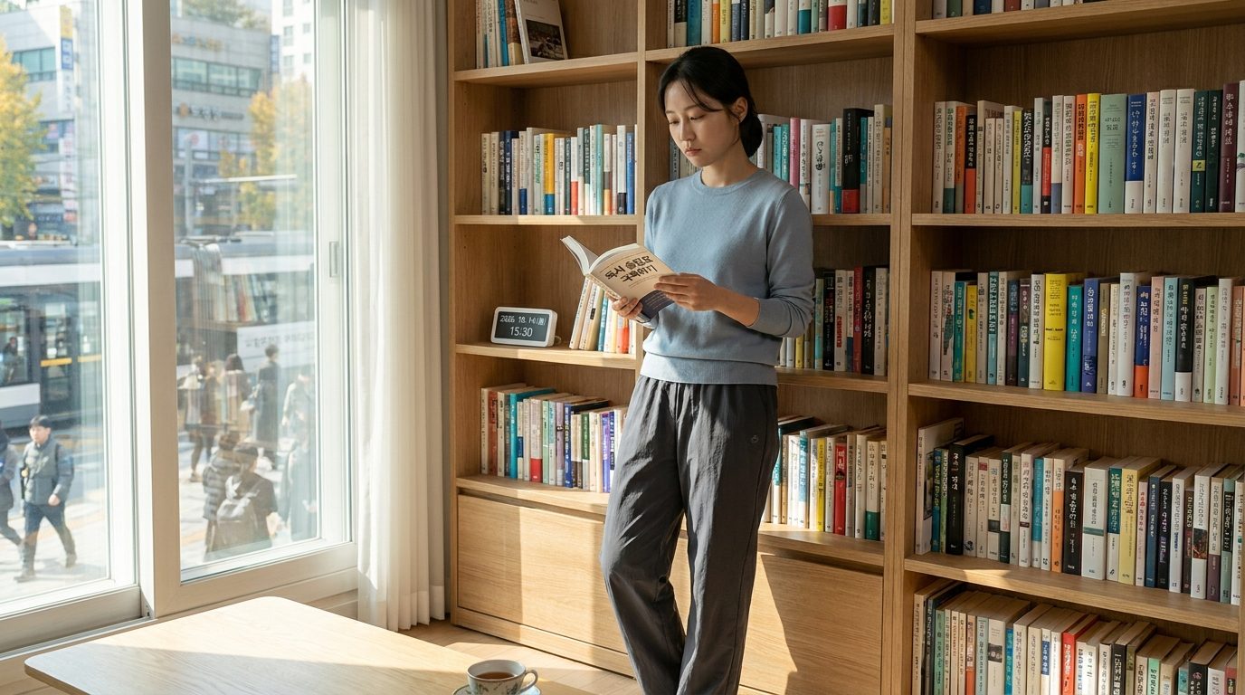 독서슬럼프 극복법: 책장 앞에서 독서 슬럼프를 겪는 여성의 고민하는 모습