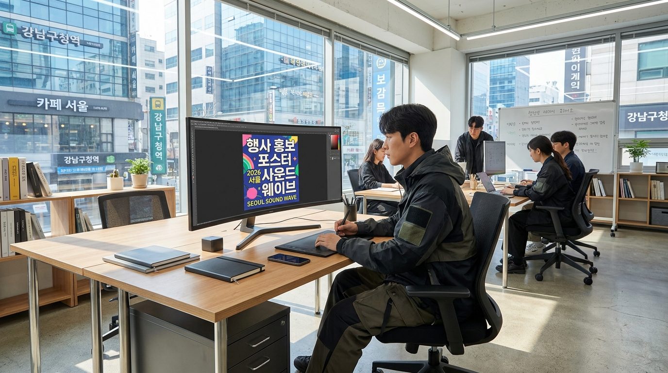 아이디오그램 리뷰: 행사 홍보 포스터를 디자인하는 현대적인 2026년 대한민국 디자이너 작업 공간의 실사 이미지
