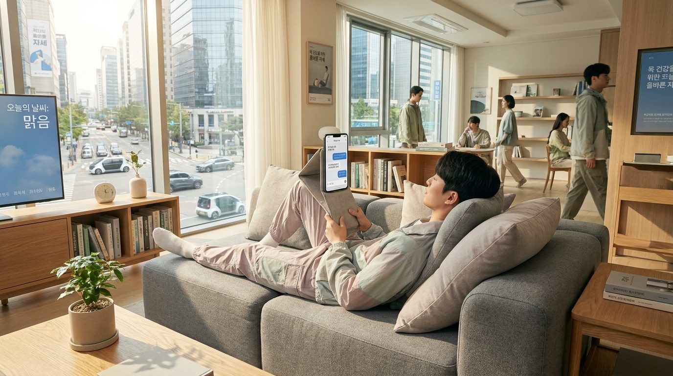2026년 현대 한국 거실, 소파에 누워 스마트폰을 올바른 자세로 사용하는 젊은 남성의 모습