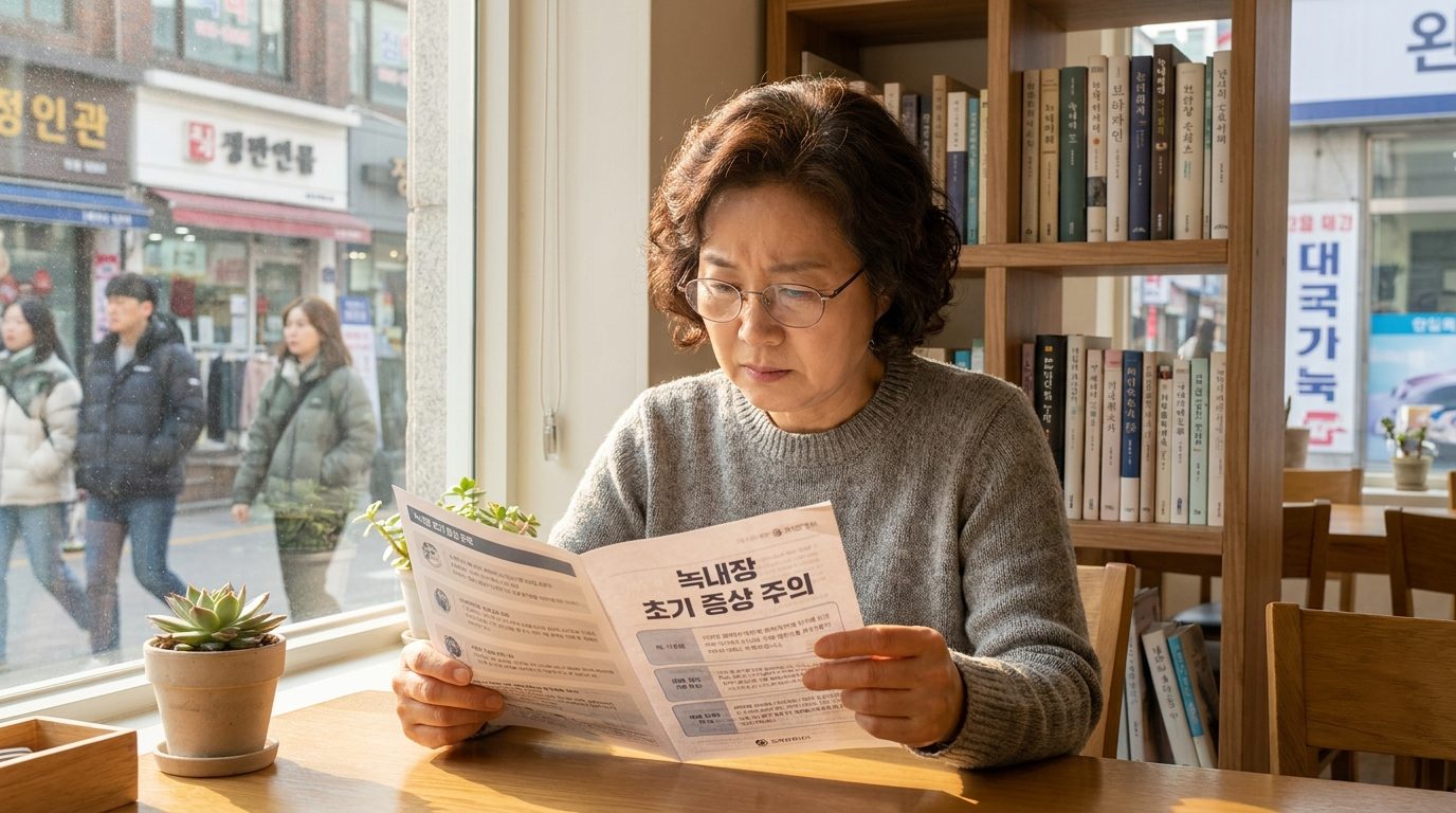 녹내장 초기 증상에 관한 안내 책자를 읽고 있는 중년 한국 여성의 고화질 실사 이미지