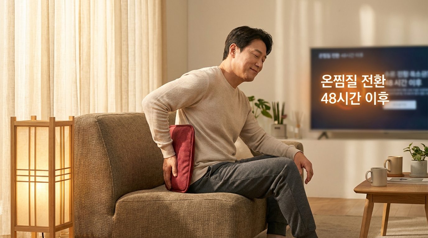 온찜질을 하며 허리 통증 완화에 도움을 받는 한국인 성인의 모습, 거실 소파에서 휴식하는 장면