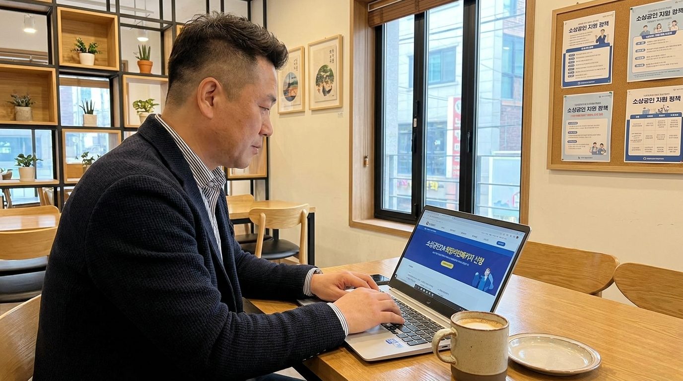 소상공인24 홈페이지에서 희망리턴패키지 온라인 신청 중인 대한민국 소상공인 모습