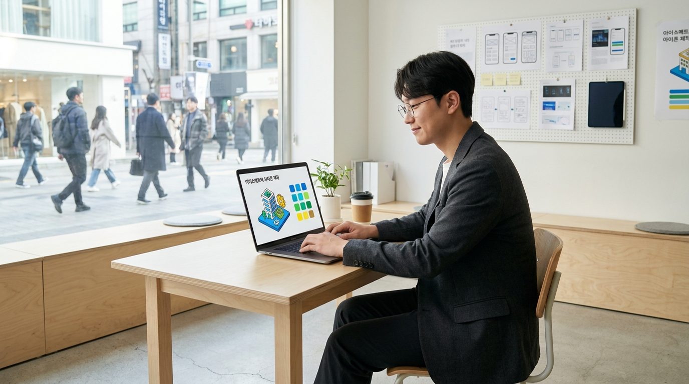 한국 디자이너가 밝고 깔끔한 작업 공간에서 노트북으로 아이소메트릭 아이콘 세트 초안을 작업하는 모습