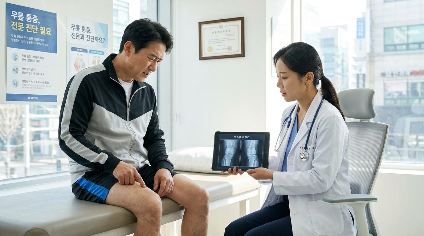 현대 한국 병원에서 정형외과 전문의와 무릎 통증 상담 중인 40~50대 러너의 모습