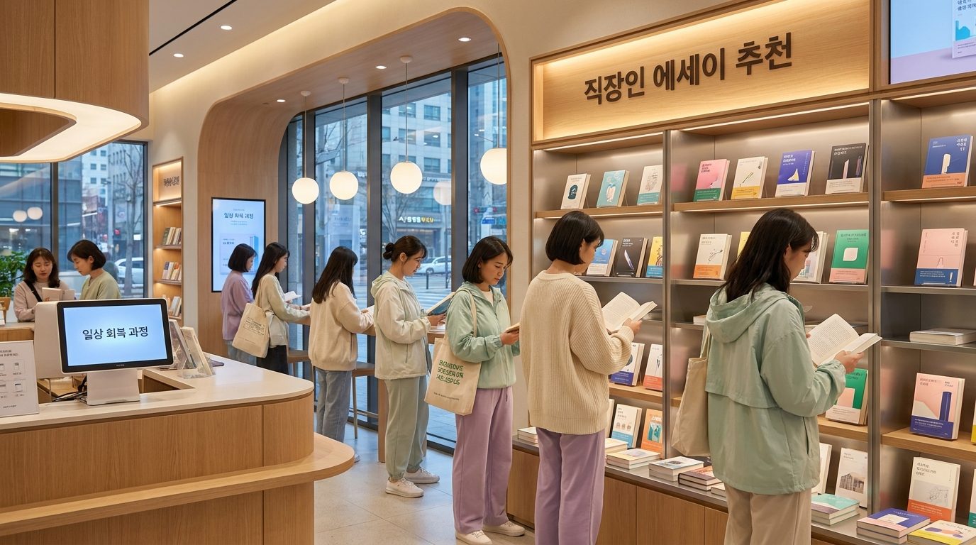 현대적인 한국 서점에서 직장인 에세이 코너를 둘러보는 여성들