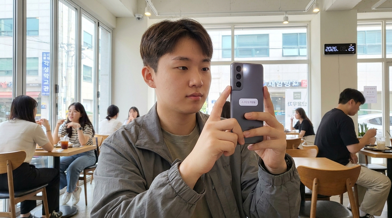 갤럭시 스마트폰에서 전원 버튼과 볼륨 하단 버튼을 동시에 눌러 스크린샷을 찍는 한국인 사용자의 모습