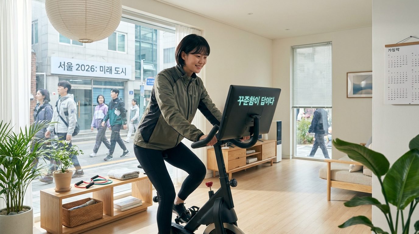 실내 자전거로 가벼운 유산소 운동을 하는 한국인 여성