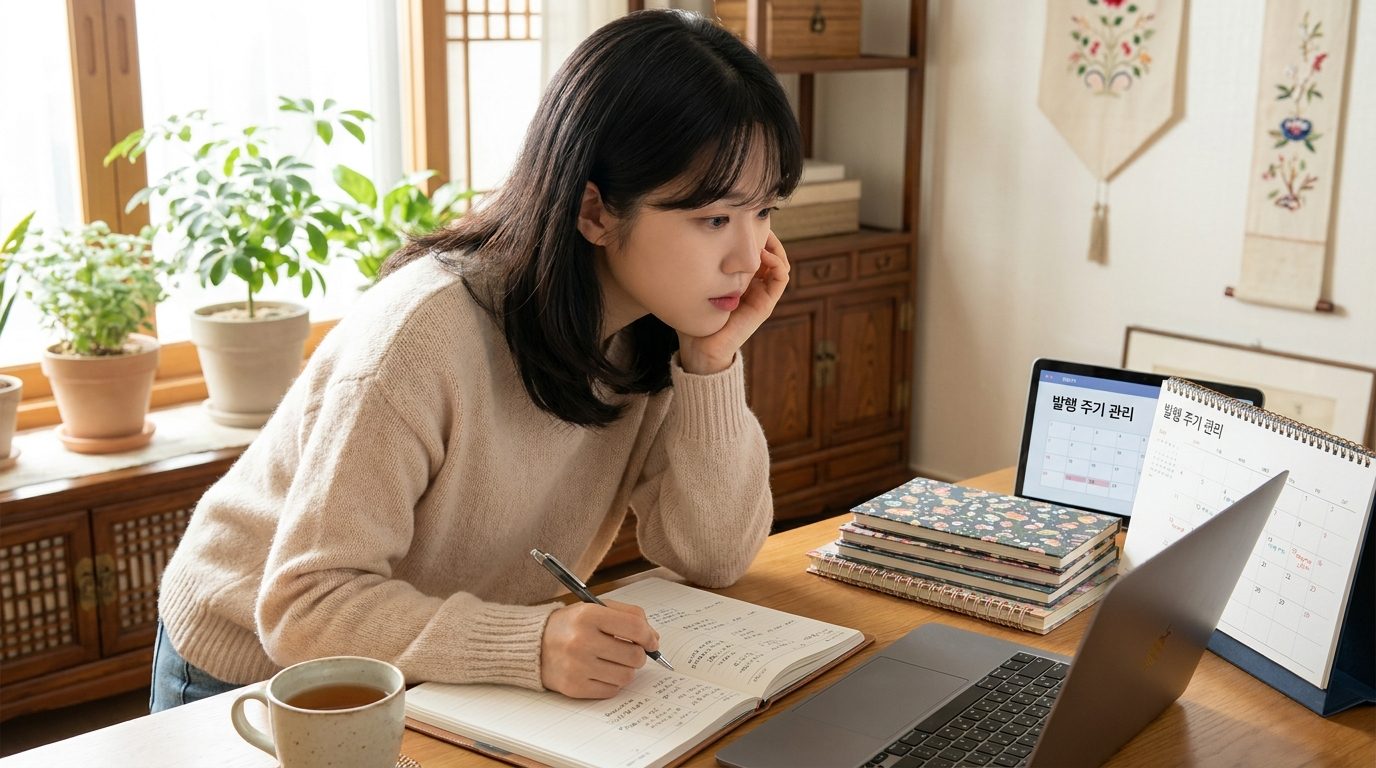 아늑한 집무 공간에서 발행 주기 계획을 세우는 젊은 한국 여성의 생각에 잠긴 모습, 주변에 일정표와 노트북이 놓여 있음
