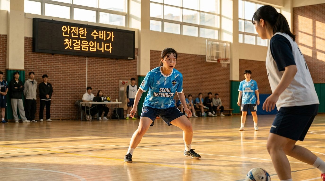 풋살 경기에서 몸을 낮추고 균형을 잡으며 수비 준비를 하는 한국 여성 선수의 모습