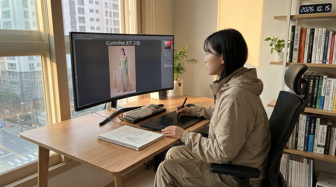 인물 포즈 완벽 고정: OpenPose Full 모델로 인물 포즈 뼈대가 모니터에 띄워진 2026년 한국의 디지털 아티스트 작업실 전경
