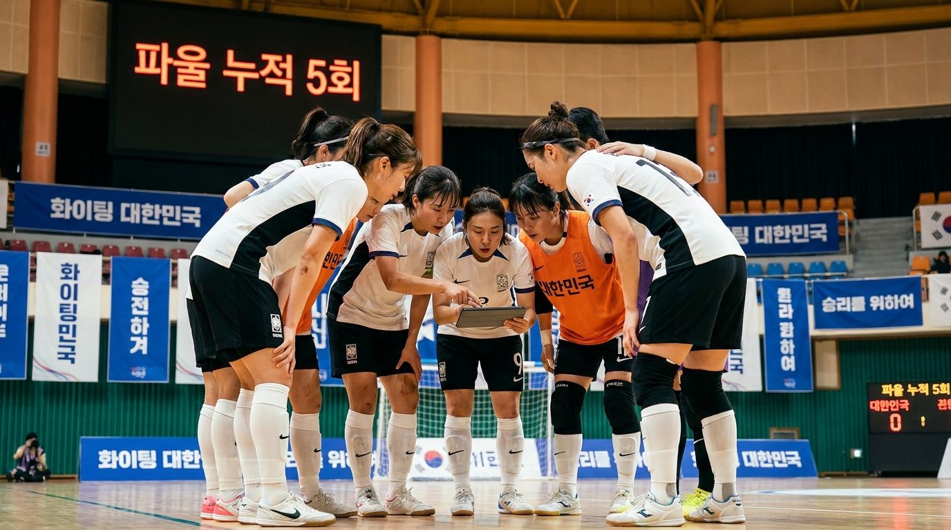 여자 풋살 선수들이 팀 파울 누적 상황을 논의하는 모습 