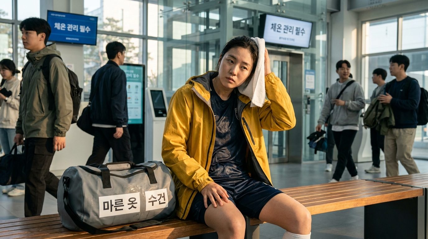 비 오는 날 벤치에서 체온을 유지하기 위해 준비하는 여성 선수