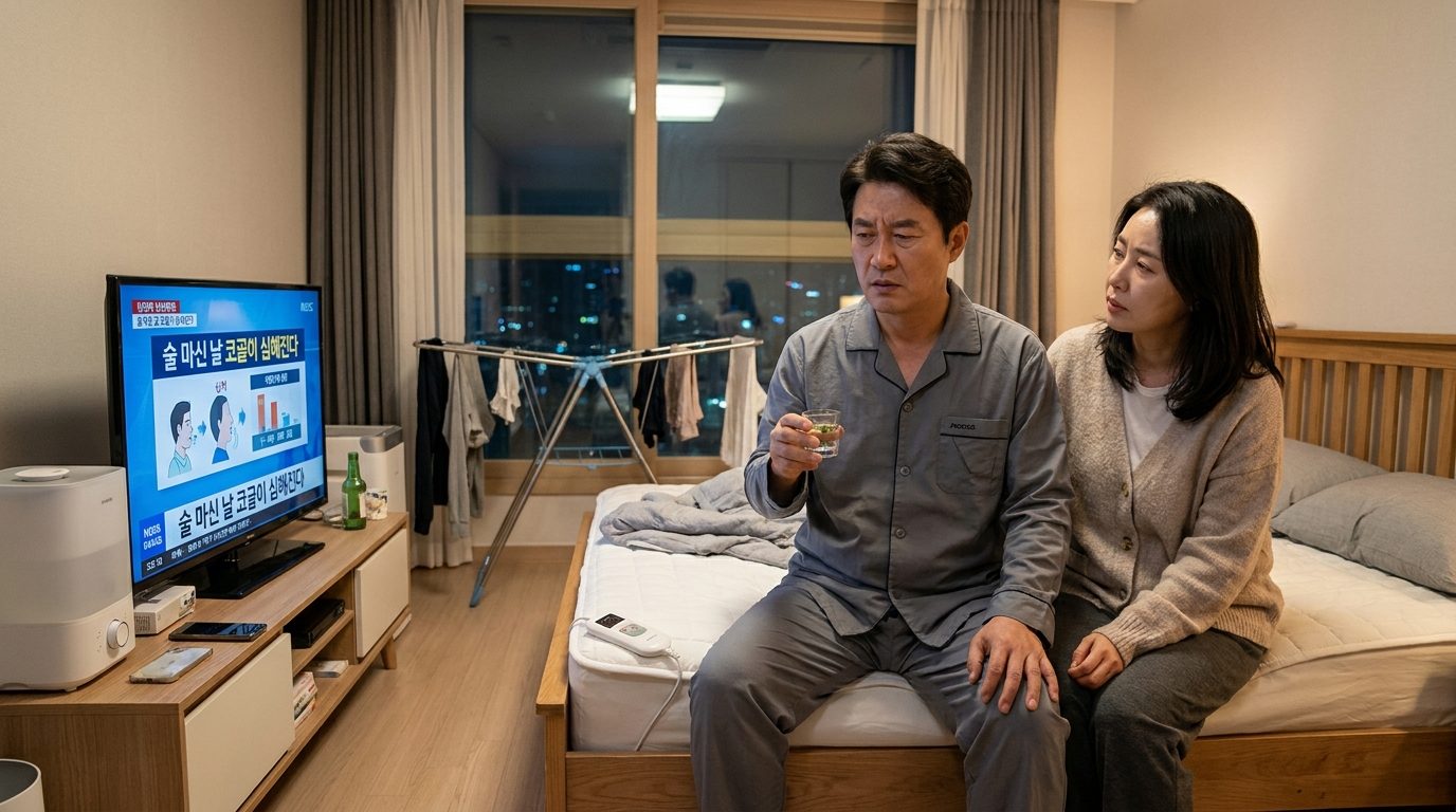 술 마신 날 코골이가 심해져 걱정하는 한국 중년 남성과 지친 아내의 모습