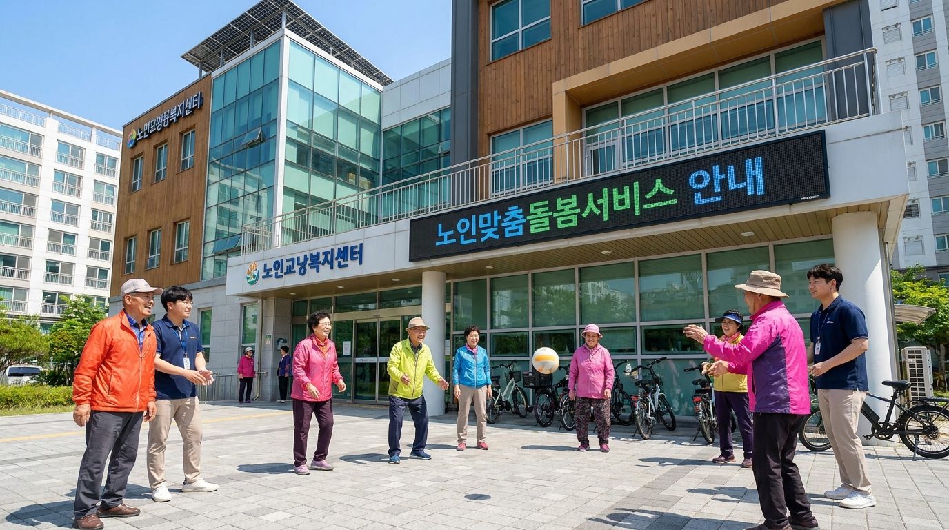 밝은 햇살 아래 현대적인 노인복지센터에서 노인이 활동하고 있는 모습