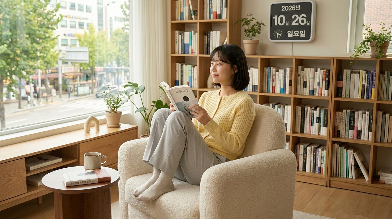 밝고 아늑한 거실에서 노벨문학상 수상작을 읽으며 생각에 잠긴 현대적인 한국 여성의 모습