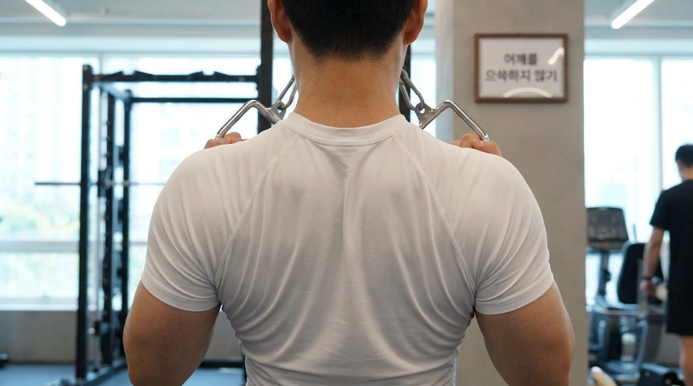 페이스풀 운동 시 어깨를 으쓱하지 않고 견갑골을 모으는 한국 남성의 근육 집중 클로즈업