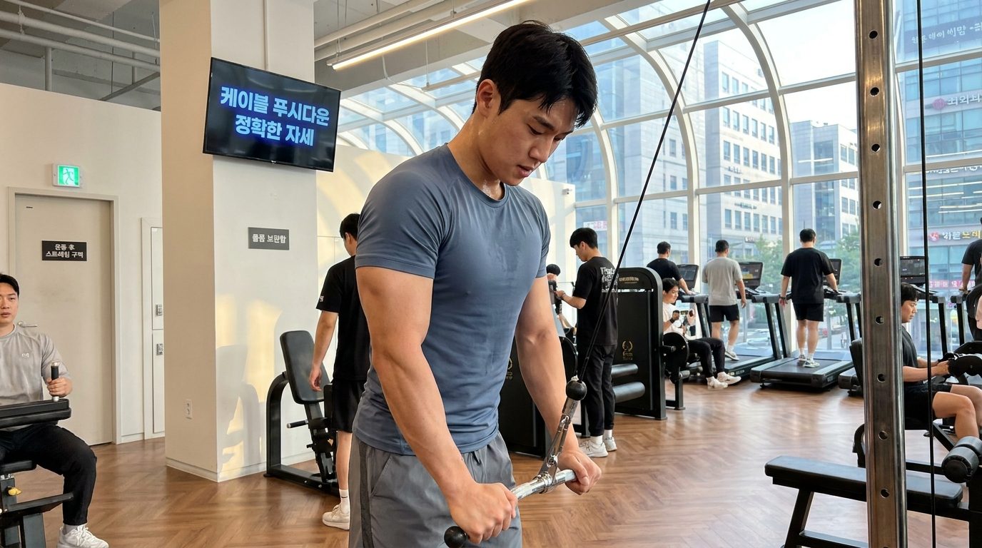 케이블 푸시다운 운동을 정확한 자세로 수행하는 젊은 한국 남성의 실사 이미지, 팔꿈치를 몸통에 고정한 모습