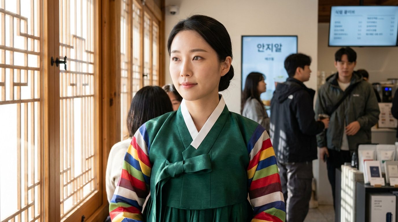 한복의 상세한 구성 요소를 클로즈업으로 보여주는 이미지, 저고리 동정과 고름 매듭이 정확하게 표현된 모습