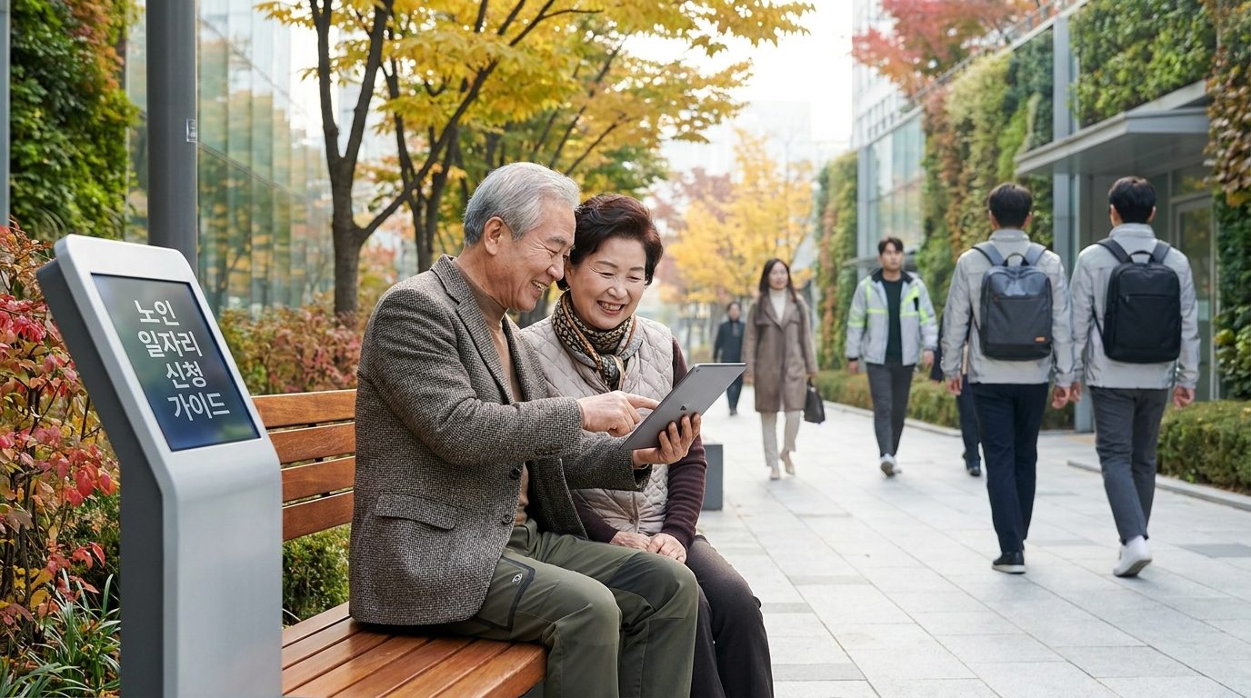 현대 한국 도심 공원에서 노인 일자리 기회에 대해 이야기하는 밝은 표정의 노인 남녀