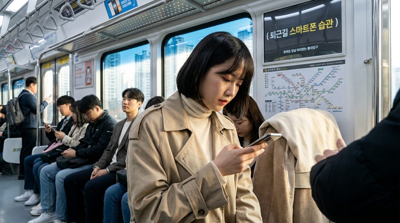 퇴근길 지하철에서 스마트폰을 사용하는 젊은 한국 여성의 모습, 특히 목과 어깨에 부담을 느끼는 자세를 실감나게 표현한 사진