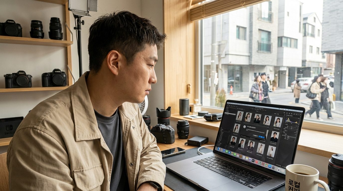 2026년 한국에서 현대적인 집 스튜디오에서 노트북으로 사진 일괄 보정을 준비하는 사진작가의 모습