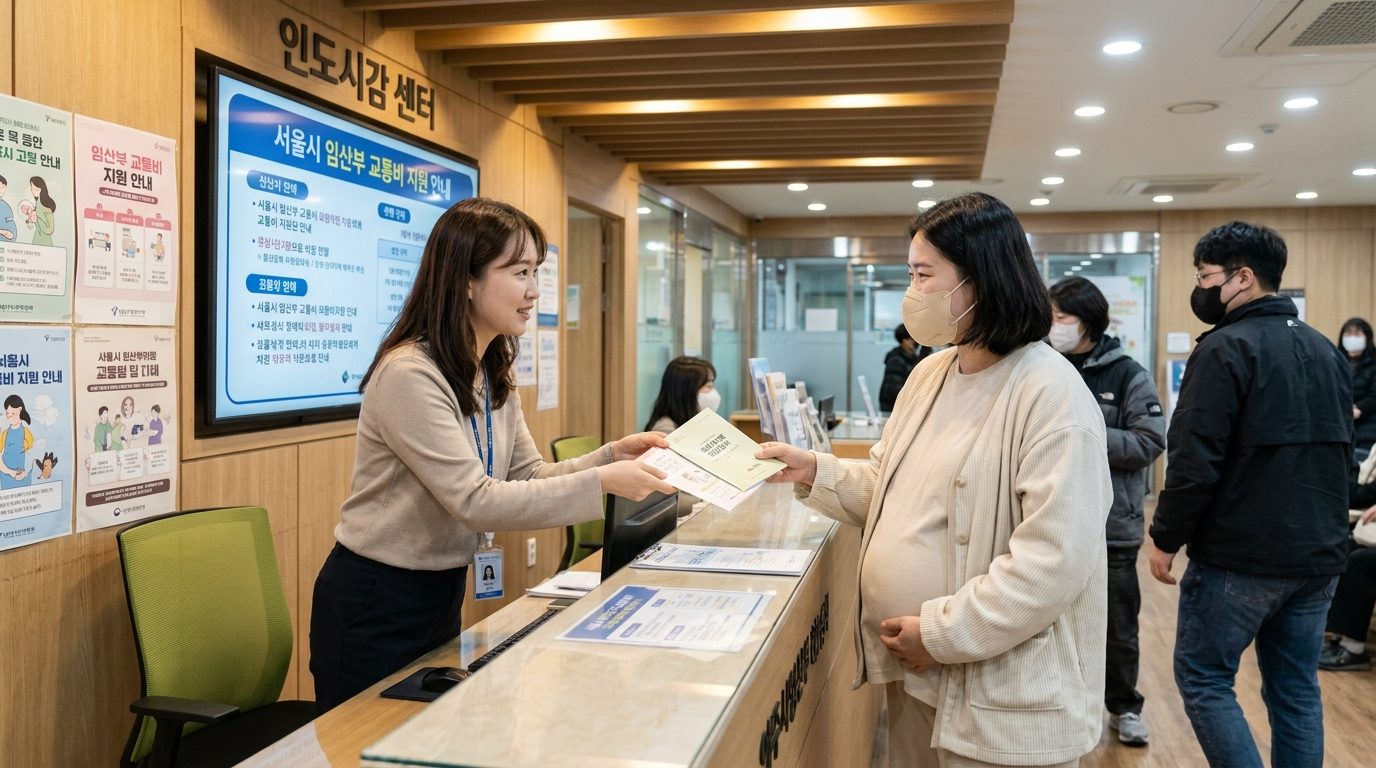 커뮤니티 보건소 안내 데스크에서 임산부 교통비 지원 관련 자료를 전달하는 친절한 직원과 임산부의 상호작용