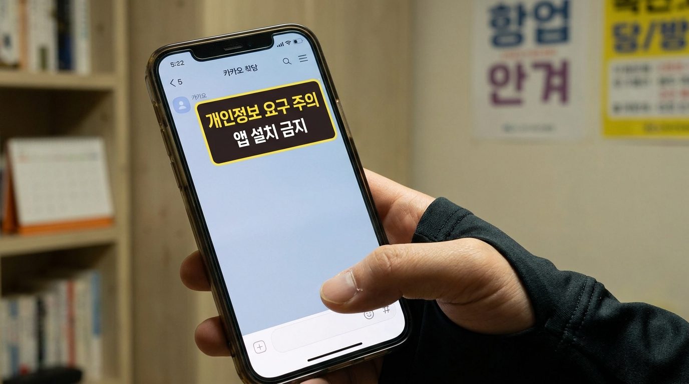 한국 청년이 카카오톡 개인정보 요구 및 앱 설치 금지 경고 메시지를 스마트폰으로 확인하는 클로즈업 화면