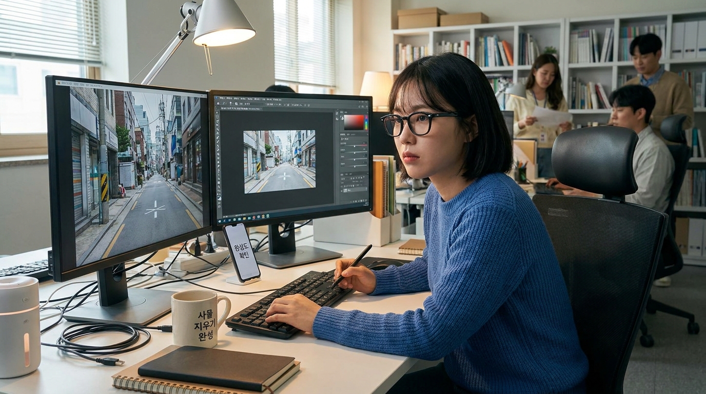 한 한국 여성이 듀얼 모니터 앞에서 AI 인페인팅 후 사진 보정 작업을 하는 모습