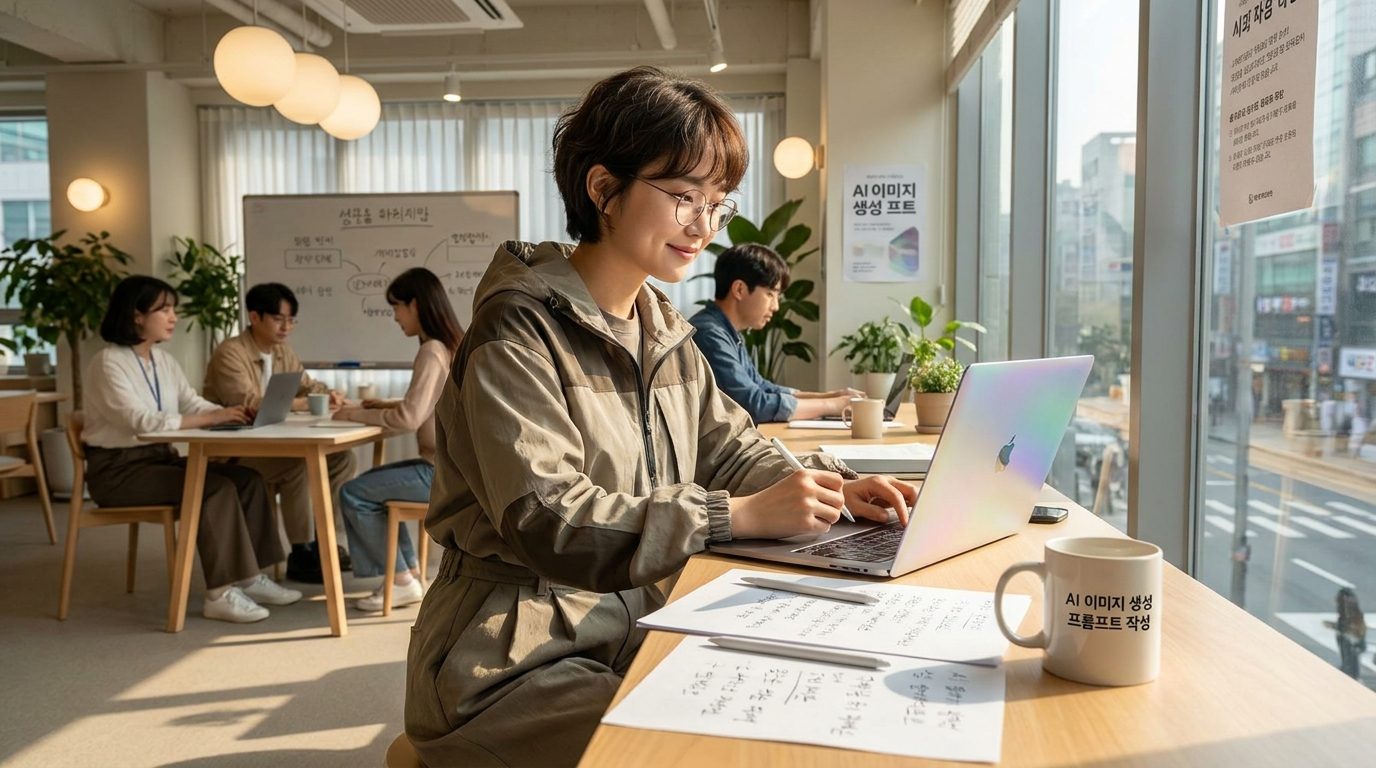현대적인 2026년 대한민국의 사무실에서 AI 이미지 생성 프롬프트를 작성하는 세련된 한국인 직장인의 모습